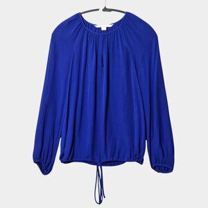 DVF Diane Von Furstenberg Silk Tie Waist Keyhole Blouse S Blue Quiet Luxury Chic